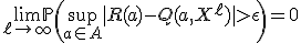 \lim_{\ell \to \infty} \mathbb{P} \left( \sup_{a \in A} |R(a) - Q(a, X^\ell)| > \epsilon \right) = 0