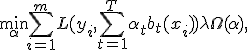 \min_{\alpha} \sum_{i=1}^{m} L(y_i,\sum_{t=1}^{T}\alpha_t b_t(x_i)) +\lambda\Omega(\alpha),