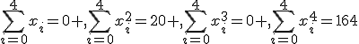 \sum^{4}_{i=0}{x_i}=0 ,\sum^{4}_{i=0}{x_i^2}=20 ,\sum^{4}_{i=0}{x_i^3}=0 ,\sum^{4}_{i=0}{x_i^4}=164