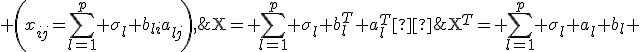 \operatorname{X}= \sum_{l=1}^p \sigma_l b_l^T a_l^T ; \;\operatorname{X}^T= \sum_{l=1}^p \sigma_l a_l b_l \; \left(x_{ij}=\sum_{l=1}^p \sigma_l b_{li}a_{lj}\right),