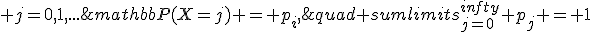 mathbb{P}(X=j) = p_i,; j=0,1,...;quad sumlimits_{j=0}^{infty} p_j = 1