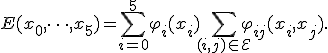 
E(x_0, \dots, x_5) = \sum_{i = 0}^5 \varphi_i(x_i) + \sum_{(i, j) \in \mathcal{E}} \varphi_{ij}(x_i, x_j).
