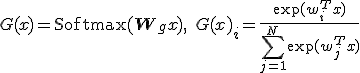 G(x) = \text{Softmax}(\mathbf{W}_g x), \quad G(x)_i = \frac{\exp(w_i^T x)}{\sum_{j=1}^N \exp(w_j^T x)}