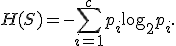 H(S) = -\sum_{i=1}^{c} p_i \log_2 p_i.