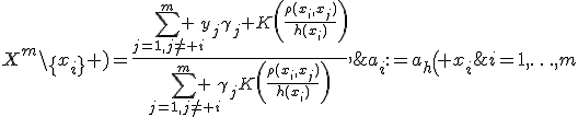 a_i:=a_h\( x_i;X^m\setminus\{x_i\} \)=\frac{\sum_{j=1,j\ne i}^m y_j\gamma_j K\(\frac{\rho(x_i,x_j)}{h(x_i)}\)}{\sum_{j=1,j\ne i}^m \gamma_jK\(\frac{\rho(x_i,x_j)}{h(x_i)}\)},\;i=1,\ldots,m