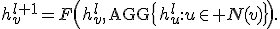 
h_v^{l+1}
=
F\left(
h_v^l,\,
\operatorname{AGG}
\{h_u^l:u\in N(v)\}
\right).
