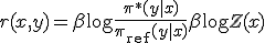 r(x,y) = \beta \log \frac{\pi^*(y|x)}{\pi_{\mathrm{ref}}(y|x)} + \beta \log Z(x)
