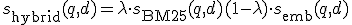 s_{\text{hybrid}}(q, d) = \lambda \cdot s_{\text{BM25}}(q, d) + (1 - \lambda) \cdot s_{\text{emb}}(q, d)