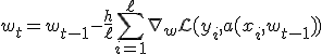 w_t = w_{t-1} - \frac{h}{\ell} \sum_{i=1}^{\ell} \nabla_w \mathcal{L}(y_i, a(x_i, w_{t-1}))