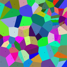 Разбиение плоскости на многоугольники Вороного-Дирихле для случайно выбранных точек (каждая точка указана в своём многоугольнике).