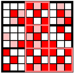 9 квадратов 3×3. Красным и розовым помечены пробы с интенсивностью больше среднего. Красные - пробы на диагоналях, розовые - вне диагоналей. Квадраты, у которых такое же распределение красного цвета, что и у центрального, обведены розовым.