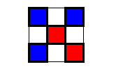 Для статистической независимости рассматриваются только диагональные пробы. Красным цветом выделены пробы с интенсивностью больше среднего, синим — меньшим среднего. В отсутствие дефектов распределение цветов должно быть случайным.