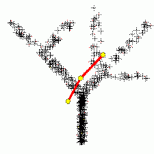Построение ветвящихся главных компонент методом топологических грамматик. Крестики — точки данных, красное дерево с желтыми узлами — аппроксимирующий дендрит.